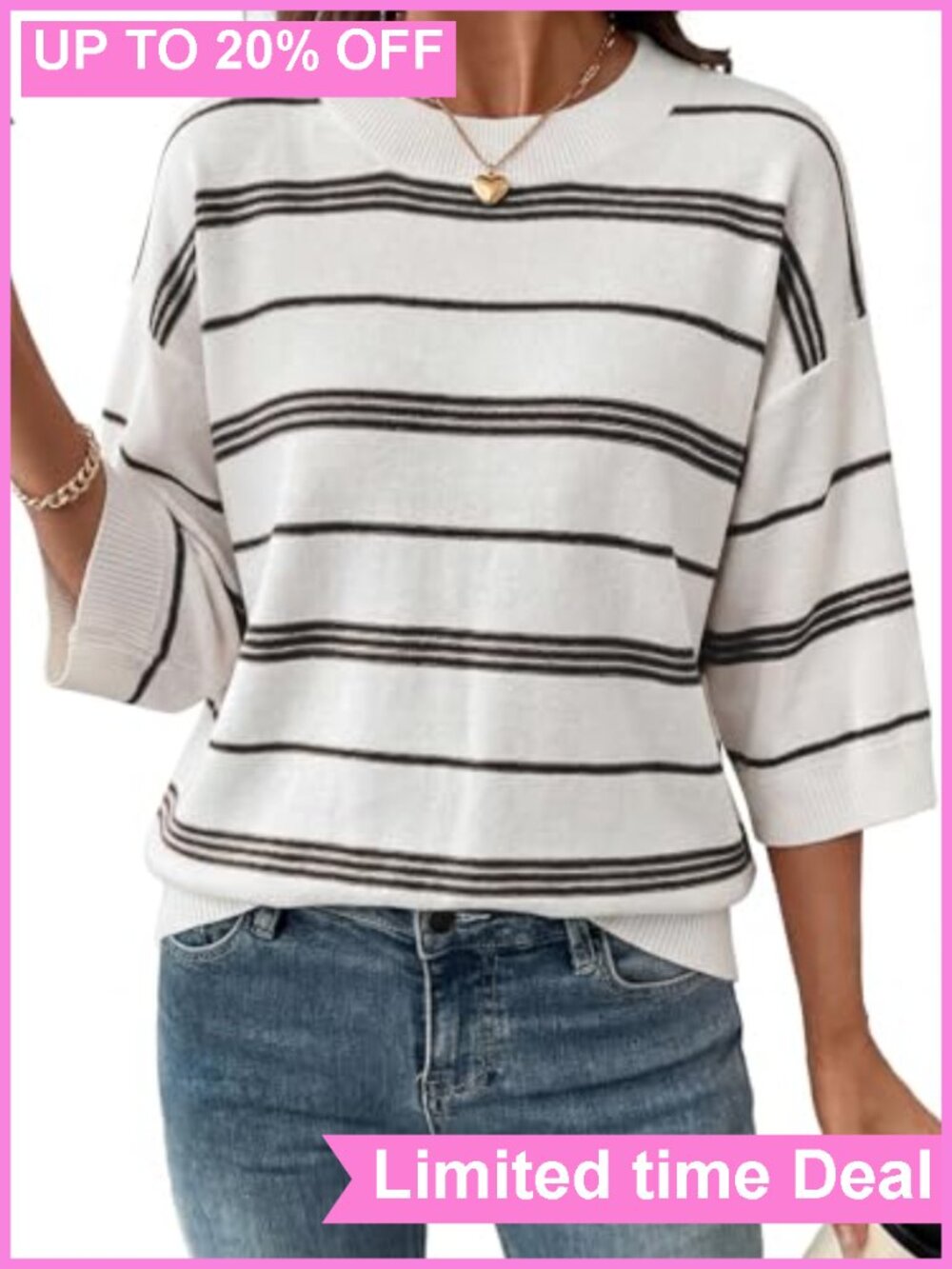 Dokotoo Womens 3/4 Sleeve Striped Knit Pullover Sweater Oversized